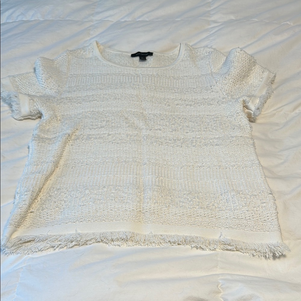 Ann Taylor Cream Boxy Ribbed Short Sleeve T-Shirt